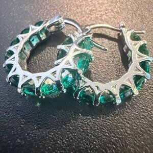 Silver Hoop Earrings With Green CZ Stones Elegant Design Fashion Jewelry